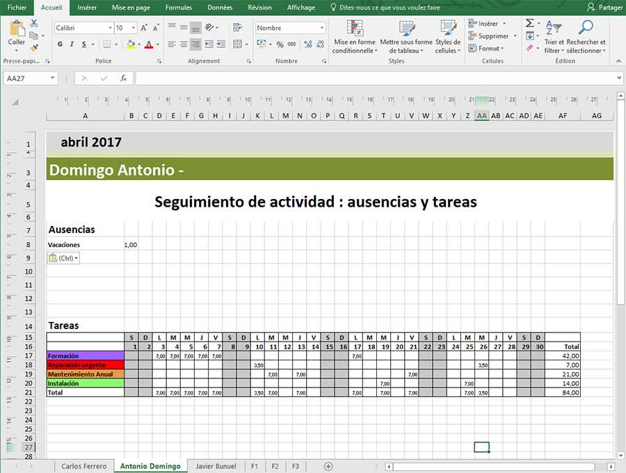 Calendario mensual de las ausencias y las hojas en Excel
