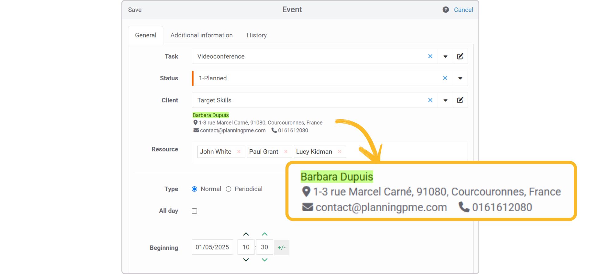 Ejemplo de un subttulo personalizado en PlanningPME