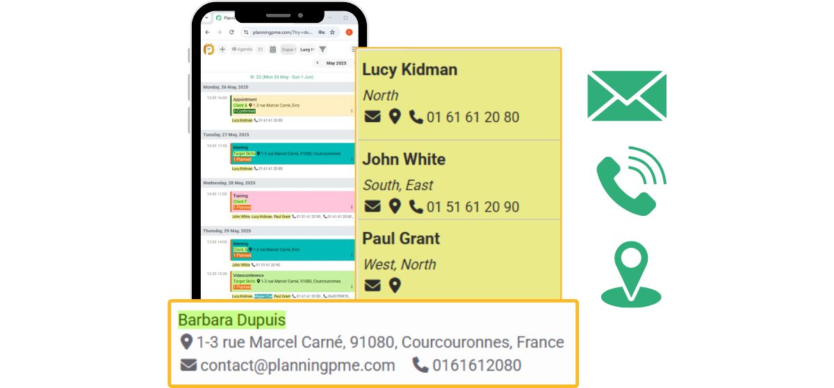 Iconos de nmeros de telfono, correo electrnico y direccin en los que se puede hacer clic
