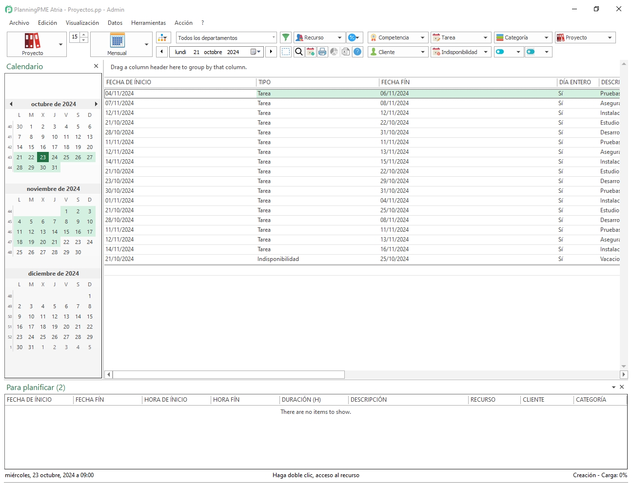 de la descriptin de la tarea: PlanningPME