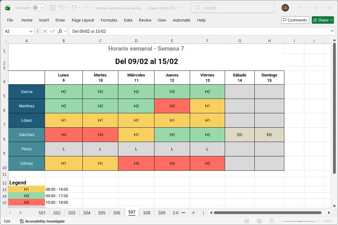 Ejemplo de un horario semanal en Excel