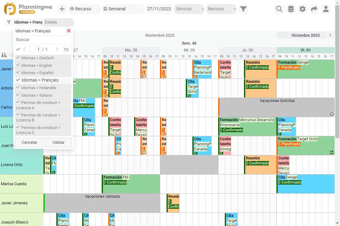 Filtros del planning