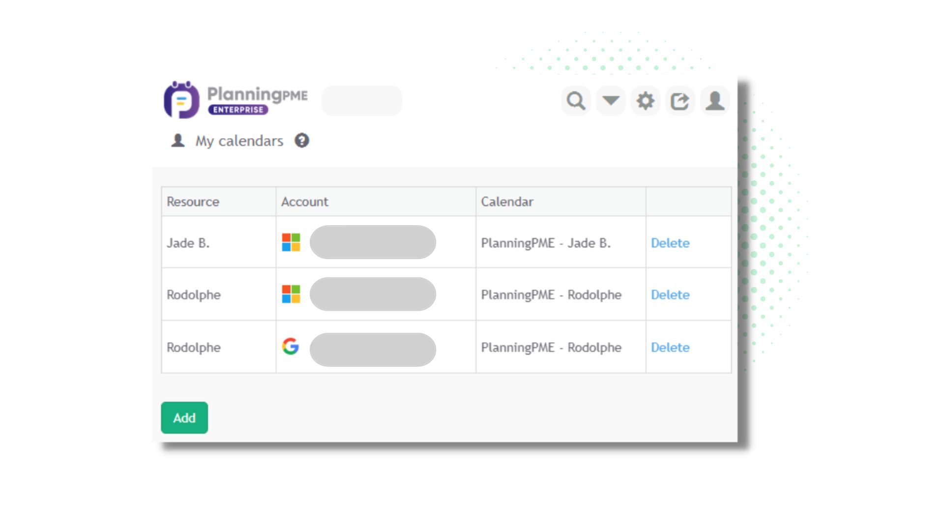 Lista de calendarios sincronizados en PlanningPME