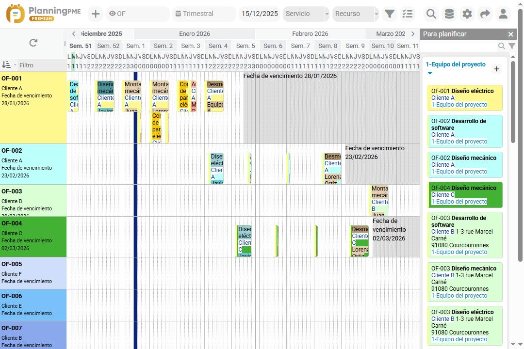 Ejemplo de una agenda de producci�n de taller con PlanningPME